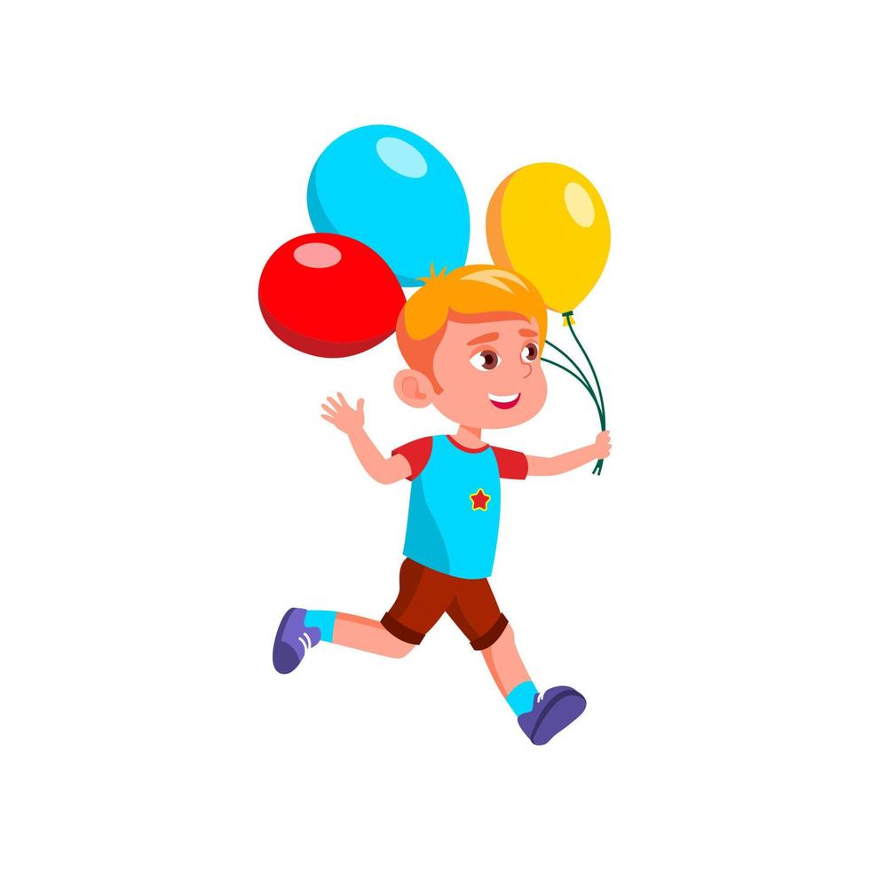 niño corriendo con globos de helio en vector de fiesta