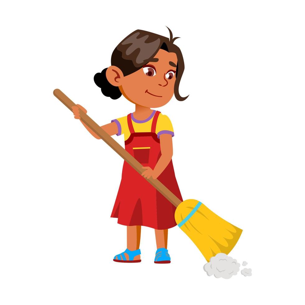 Girl Child Sweeping House Floor With Broom Vector