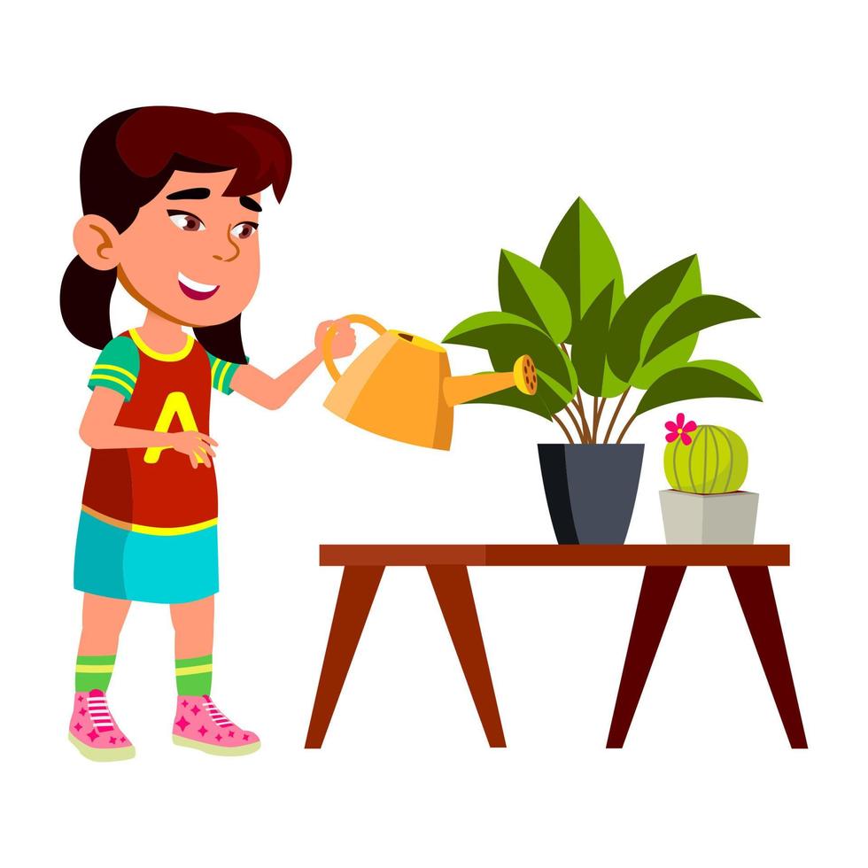 Girl Child Watering Domestic Plant In Pot Vector