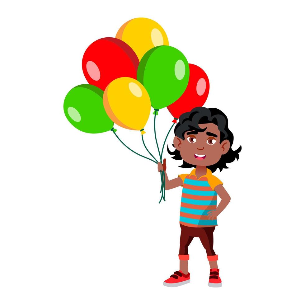 niño niño de pie con globos multicolores vector