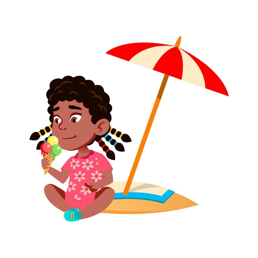 Girl Sitting On Beach And Eating Ice Cream Vector