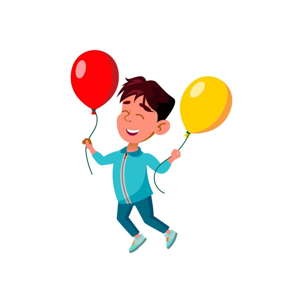 niño saltando con globos de helio vector