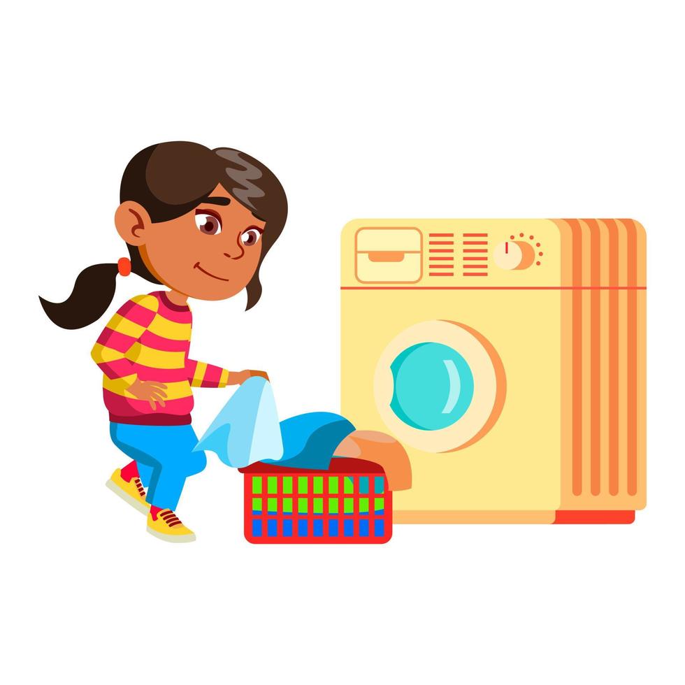Girl Child Doing Laundry Housework Routine Vector