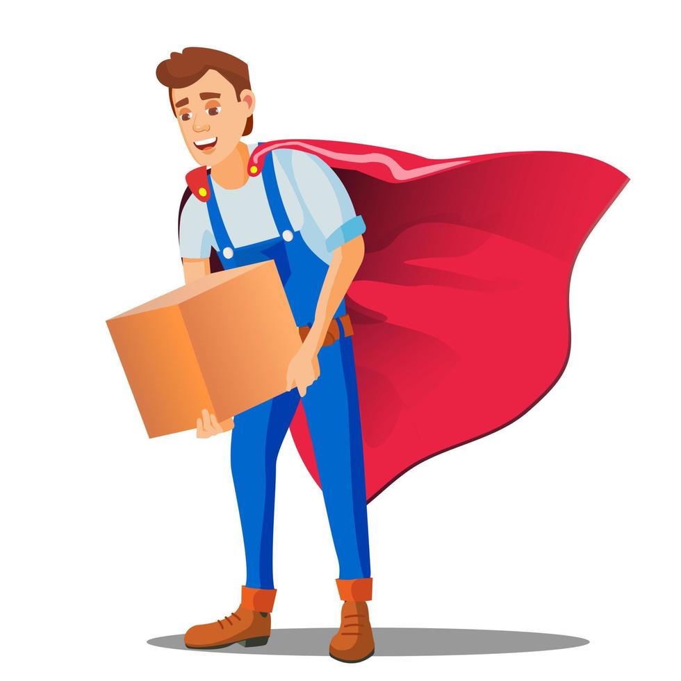 Delivery Service, Man In Superhero Uniform With Box In Hand Vector. Isolated Illustration vector