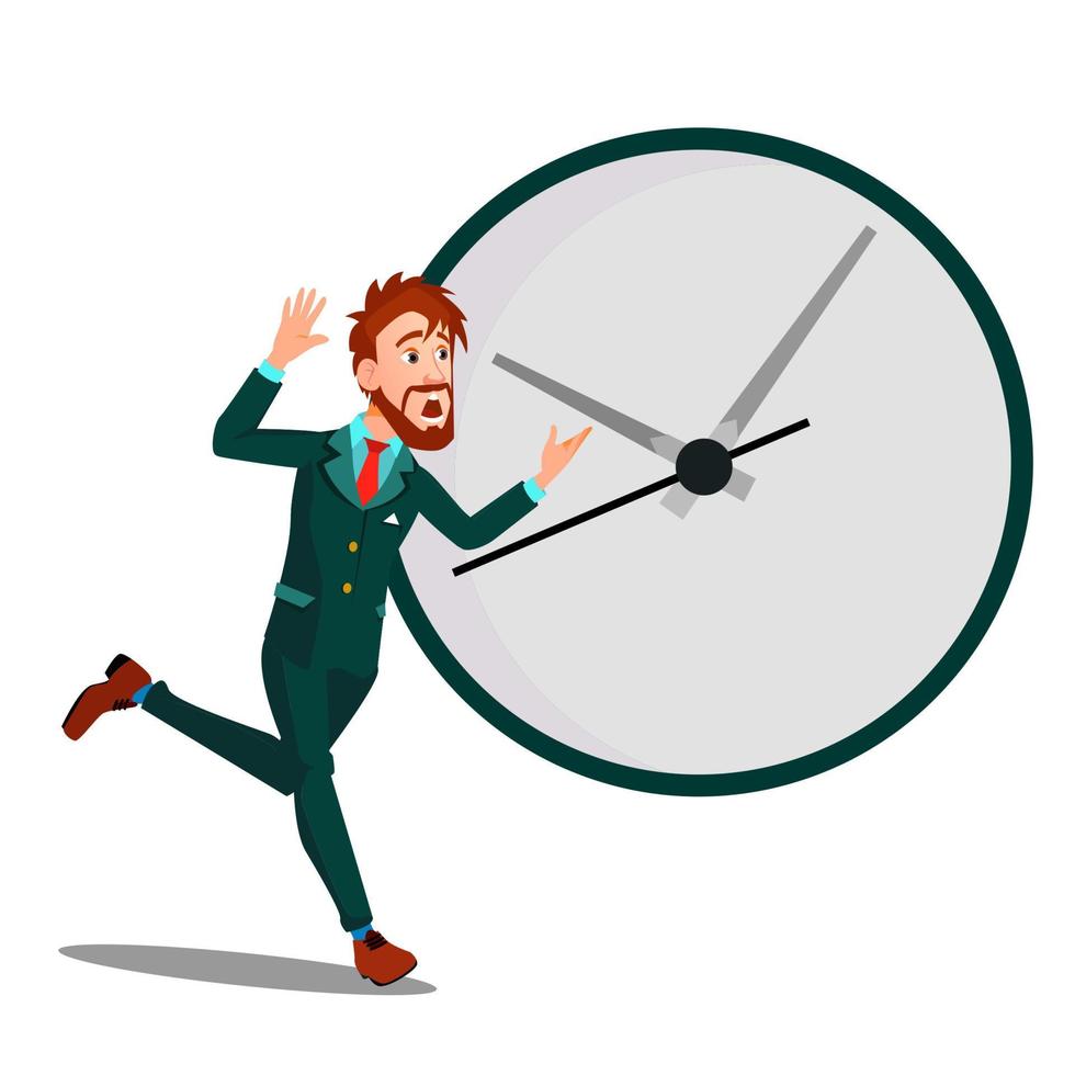 Running Businessman With Huge Clock, Time Management, Deadline Vector. Isolated Illustration vector