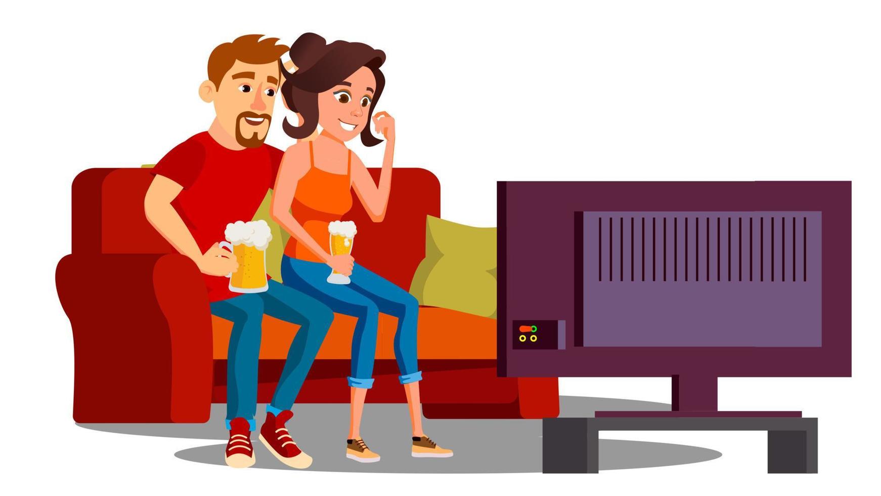 Young Couple With Glasses Of Beer Watching Tv On Sofa Vector. Isolated Illustration vector