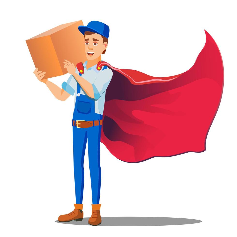 Delivery Service, Man In Uniform And Cloak Of Superhero With Box In Hand Vector. Isolated Illustration vector