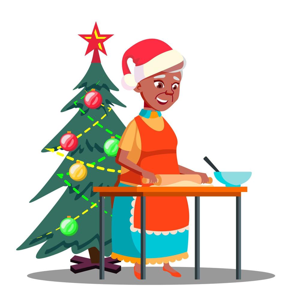 Old Woman Makes Christmas Cookies In The Kitchen Vector. Isolated Illustration vector