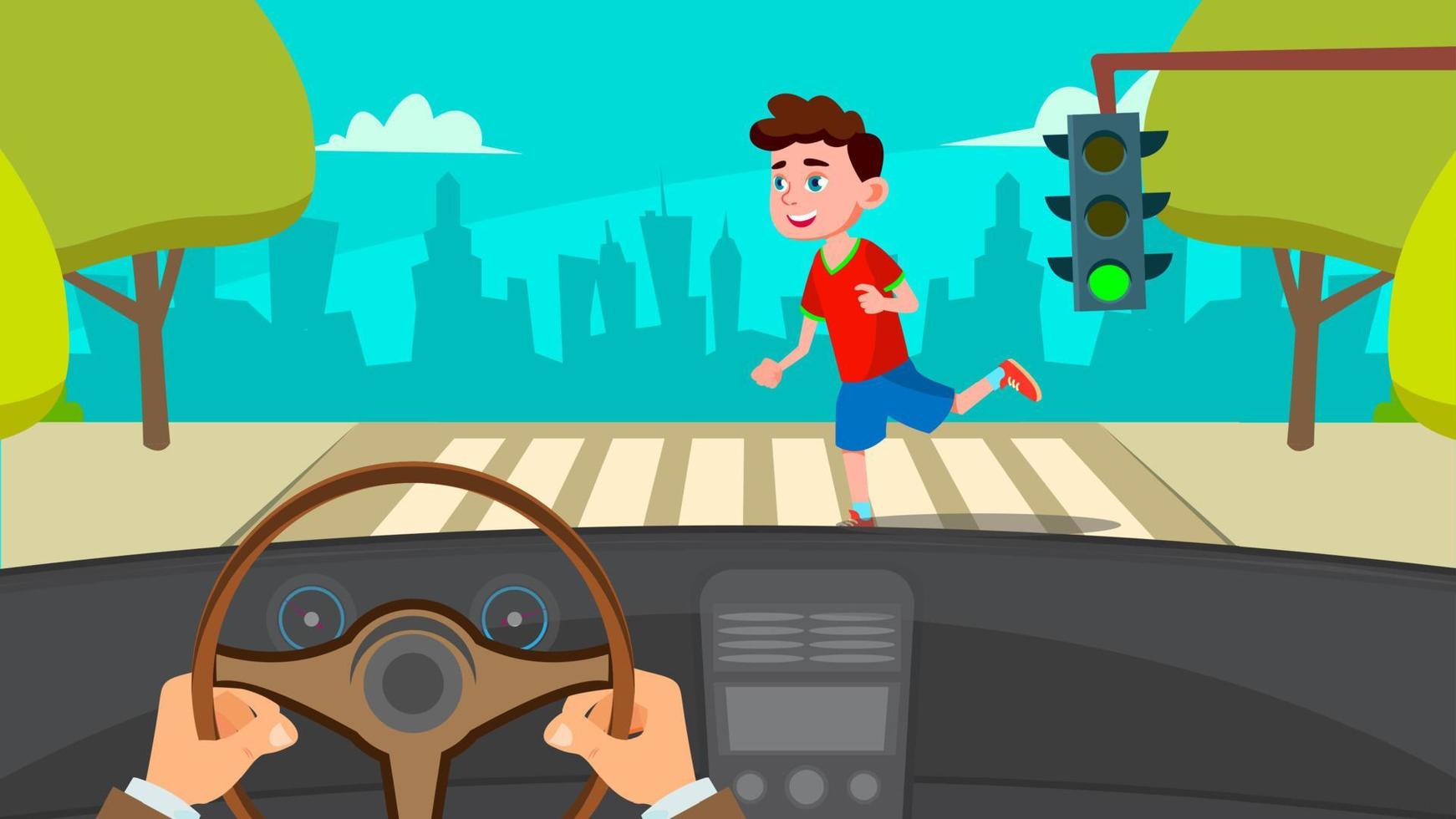 Little Boy Runing Across The Road In Front Of The Car A Frightened Driver Vector. Isolated Illustration vector