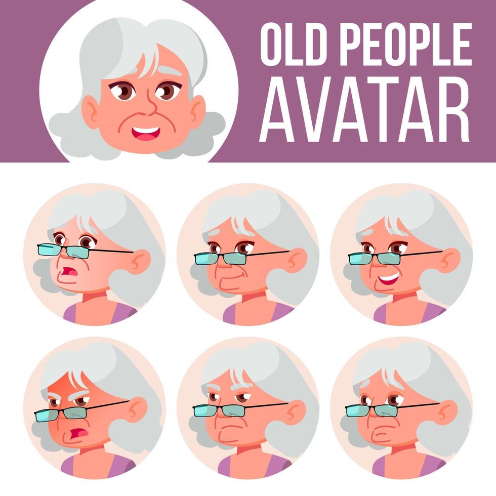 anciana avatar set vector. enfrentar las emociones. retrato de persona mayor. personas de edad avanzada. Envejecido. belleza, estilo de vida. ilustración de cabeza de dibujos animados vector