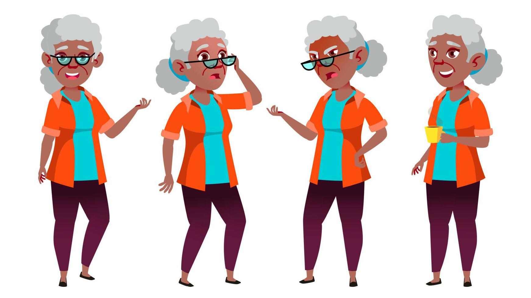 Old Woman Poses Set Vector. Black. Afro American. Elderly People. Senior Person. Aged. Friendly Grandparent. Banner, Flyer, Brochure Design. Isolated Cartoon Illustration vector