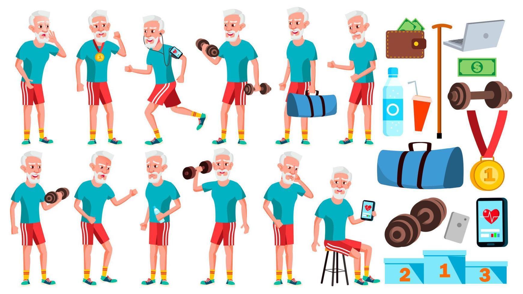 Old Man Poses Set Vector. Elderly People. Senior Person. Aged. Sport, Fitness. Comic Pensioner. Lifestyle. Postcard, Cover, Placard Design. Isolated Cartoon Illustration vector