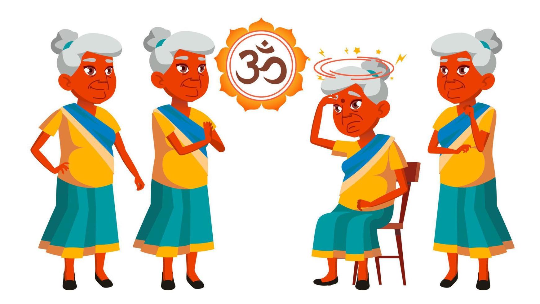 Indian Old Woman Poses Set Vector. Elderly People. Senior Person. Aged. Beautiful Retiree. Life. Design. Isolated Cartoon Illustration vector