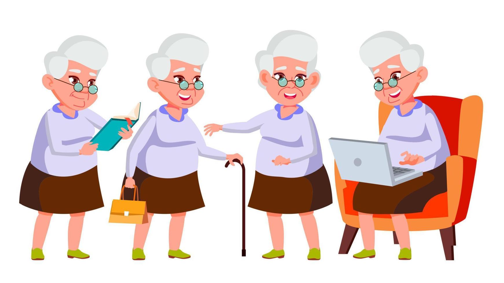 Old Woman Poses Set Vector. Elderly People. Senior Person. Aged. Active Grandparent. Joy. Presentation, Print, Invitation Design. Isolated Cartoon Illustration vector