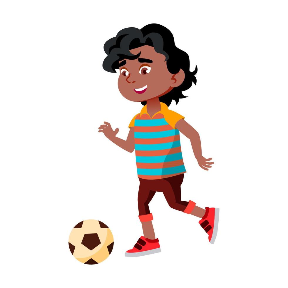 Boy Kid Kicking Soccer Ball On Stadium Vector