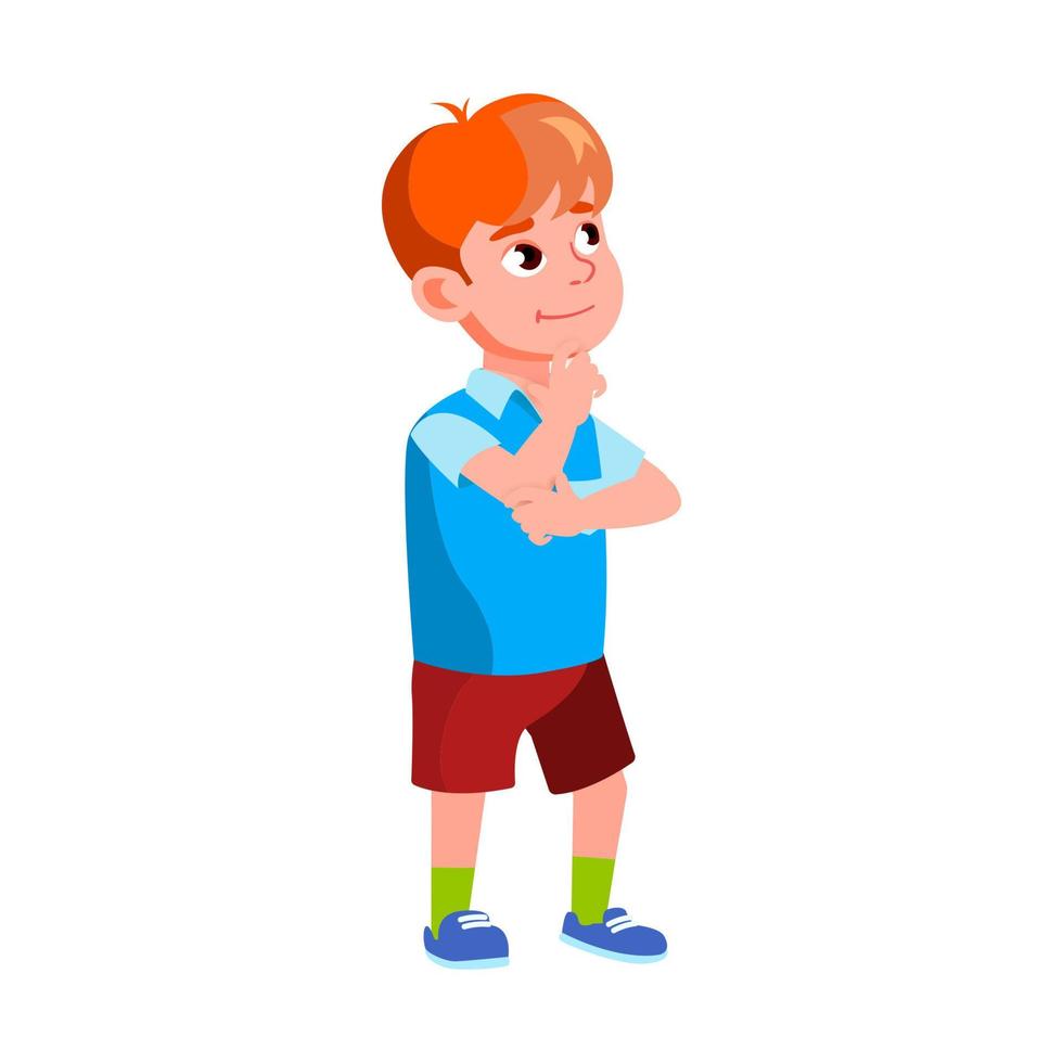 Boy Kid Standing In Store And Thinking Vector