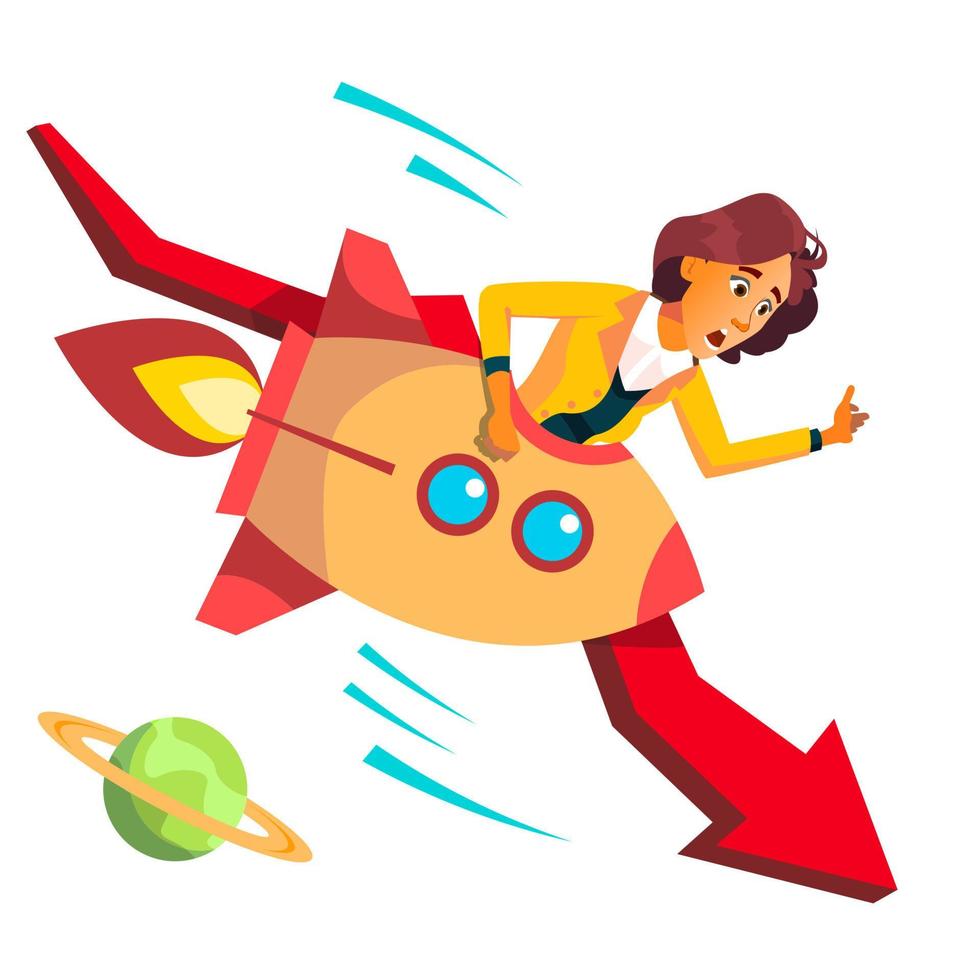 Business Woman Riding A Rocket Falls Down On Background Of Falling Red Arrow Vector. Illustration vector