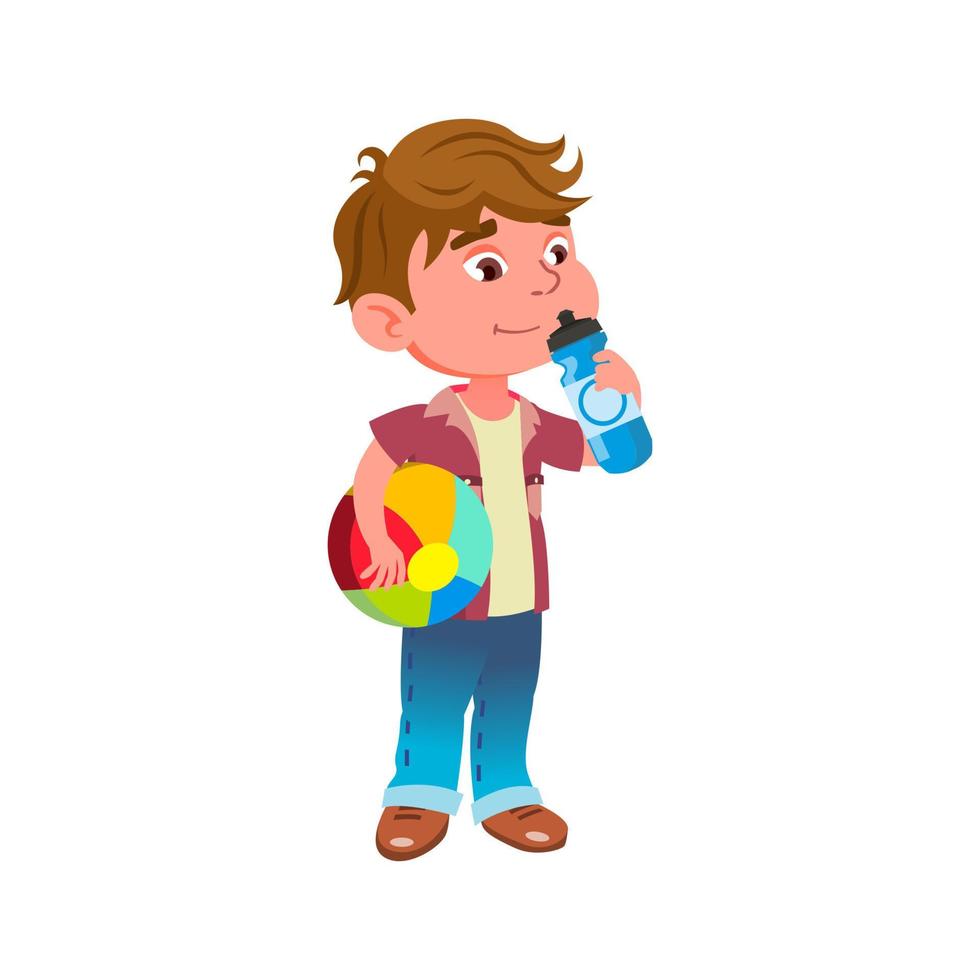 Boy Child Drinking Water On Playground Vector