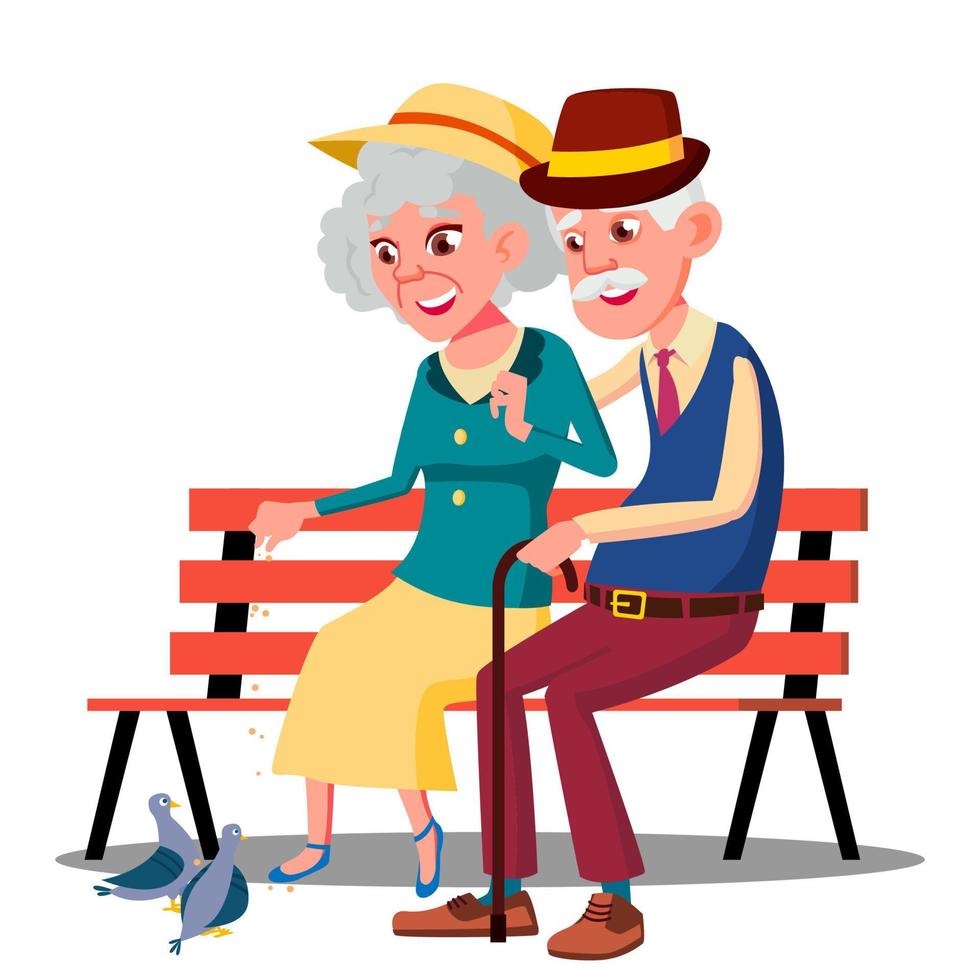 Senior Age Family Couple Sitting On A Bench And Talking Vector. Isolated Illustration vector