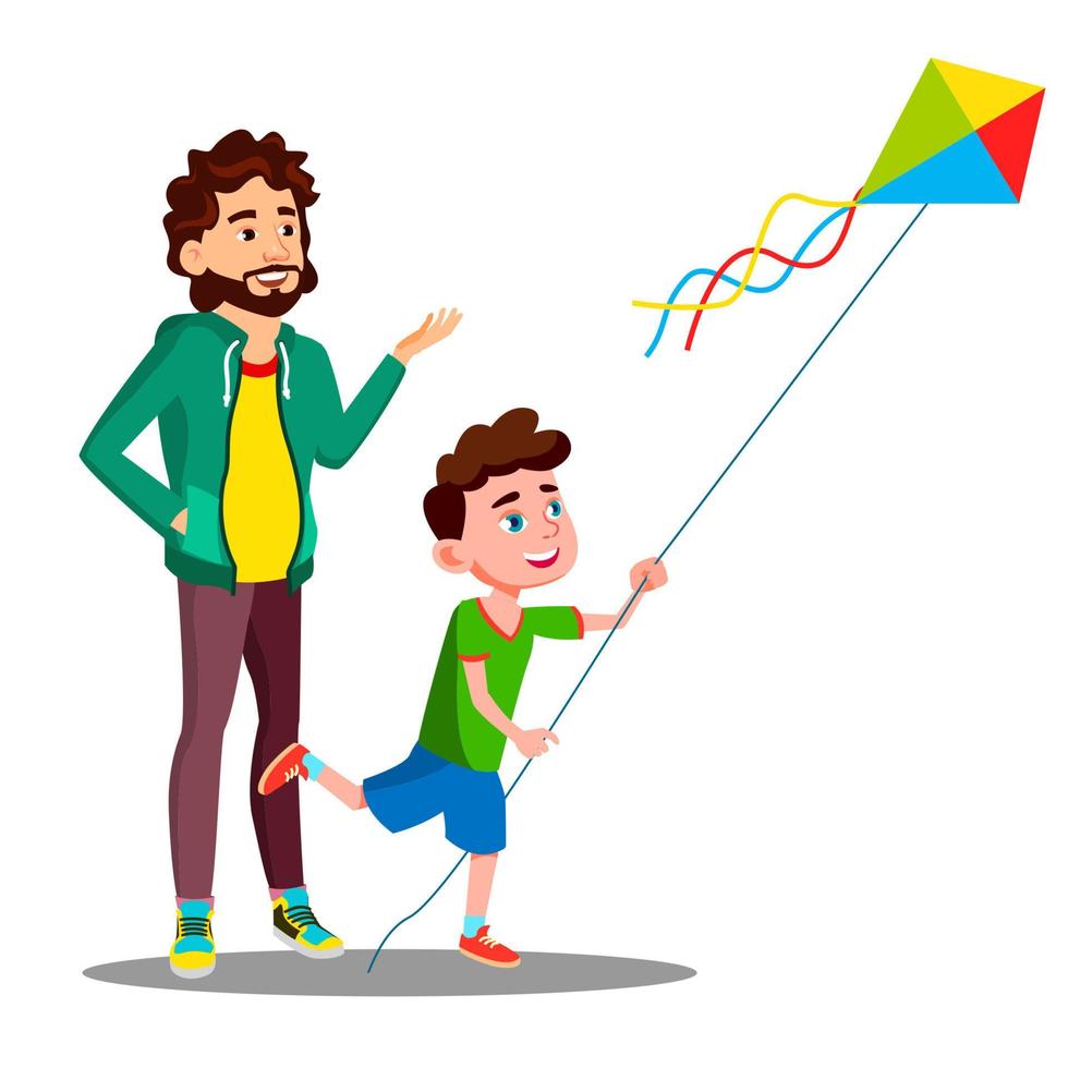 Happy Father And Child Son Launch A Kite Vector. Isolated Illustration vector