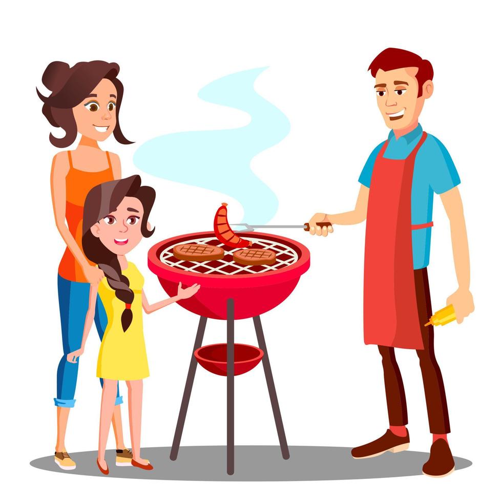 familia feliz haciendo barbacoa en el vector al aire libre. ilustración aislada