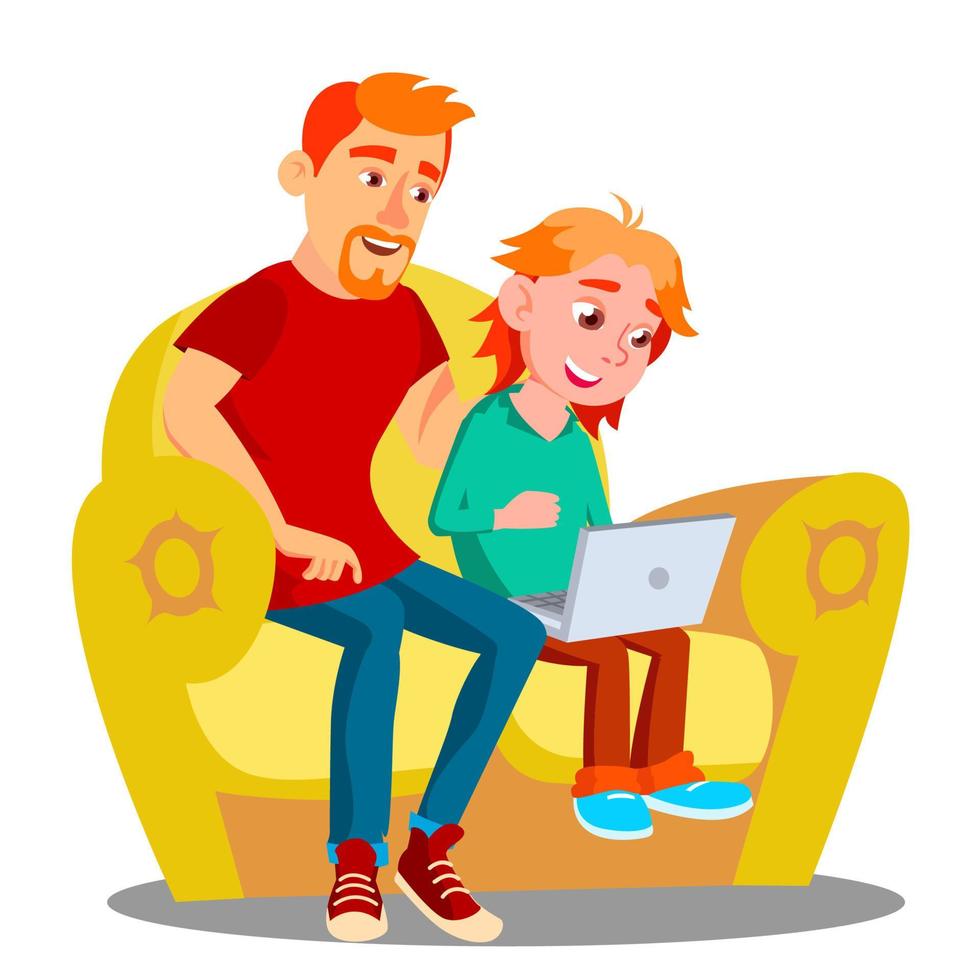 Father And Son Using Laptop On The Sofa Vector. Isolated Illustration vector