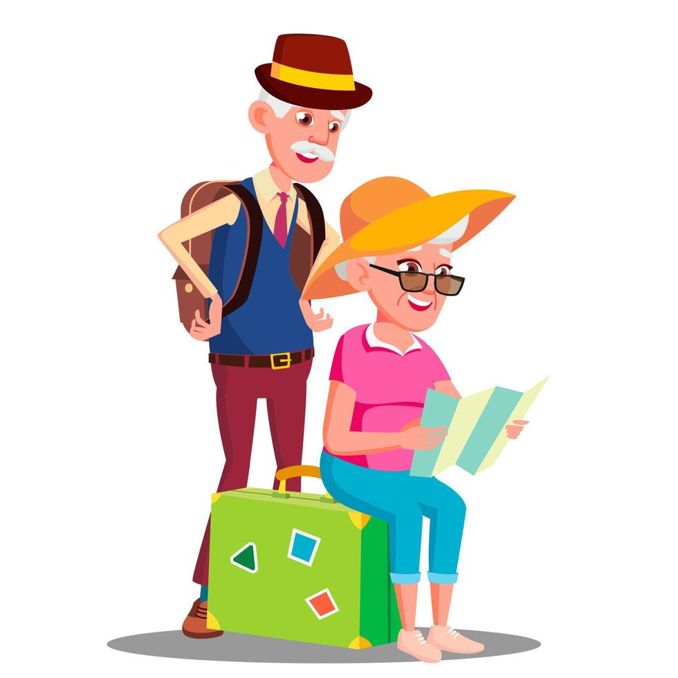 Elderly Couple At The Airport With Suitcases Vector. Isolated Illustration vector