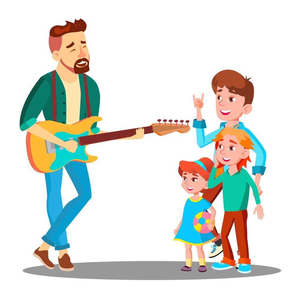 Father Plays The Guitar For Children Vector. Isolated Illustration vector