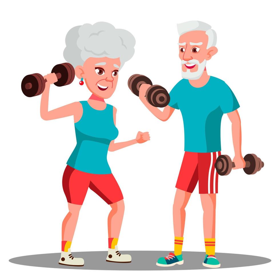 Elderly Couple Doing Sports With Dumbbells Together Vector. Isolated Illustration vector