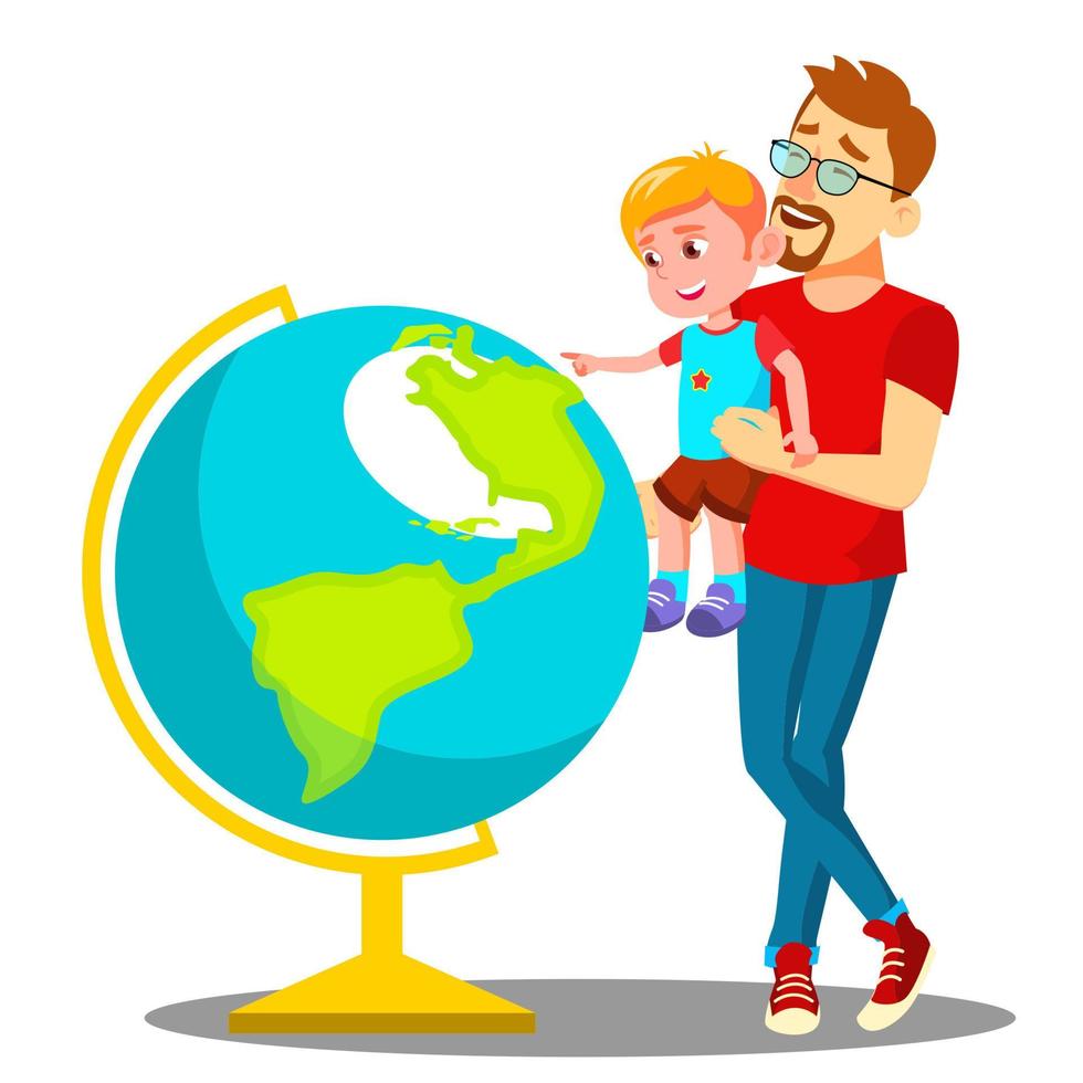 Father And Son Looking At The Globe Vector. Isolated Illustration vector