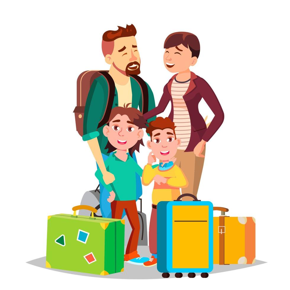 Parents And Children Traveling With Suitcases Vector. Isolated Illustration vector
