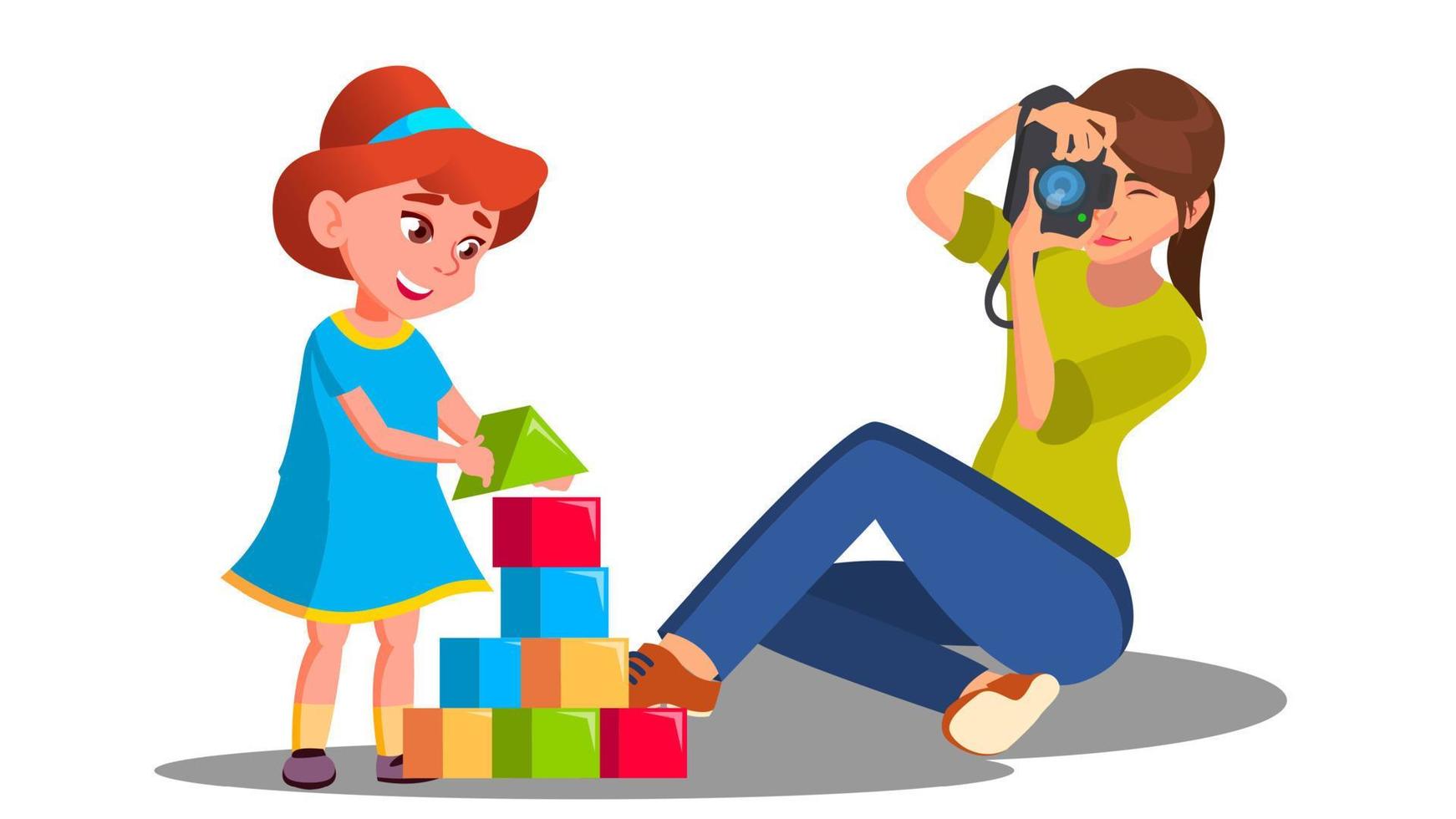 Mother Taking Pictures Of Her Child Playing With Toys Vector. Isolated Illustration vector