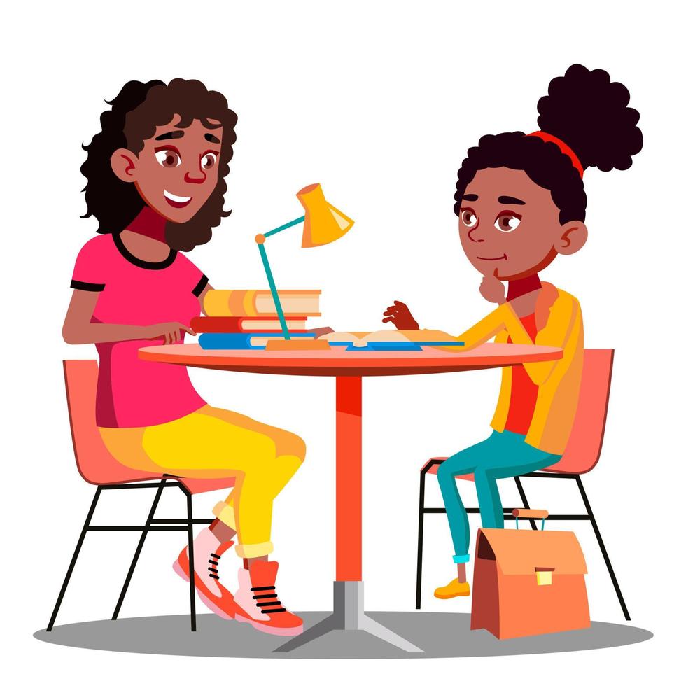 Afro American Mother Helps Child Do School Homework Vector. Isolated Illustration vector