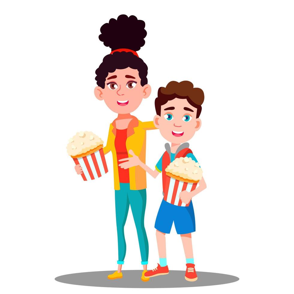 niño y niña con palomitas de maíz en vector de manos. ilustración aislada