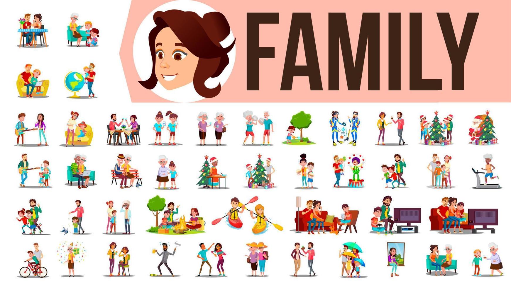 Family Set Vector. Family Members Spending Time Together At Home, Outdoor. Father, Mother, Son, Daughter, Grandmother, Grandfather. Lifestyle Situations. Cartoon Illustration vector