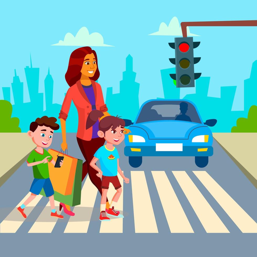 Mother With Children Walk At Crosswalk Vector. Isolated Illustration vector