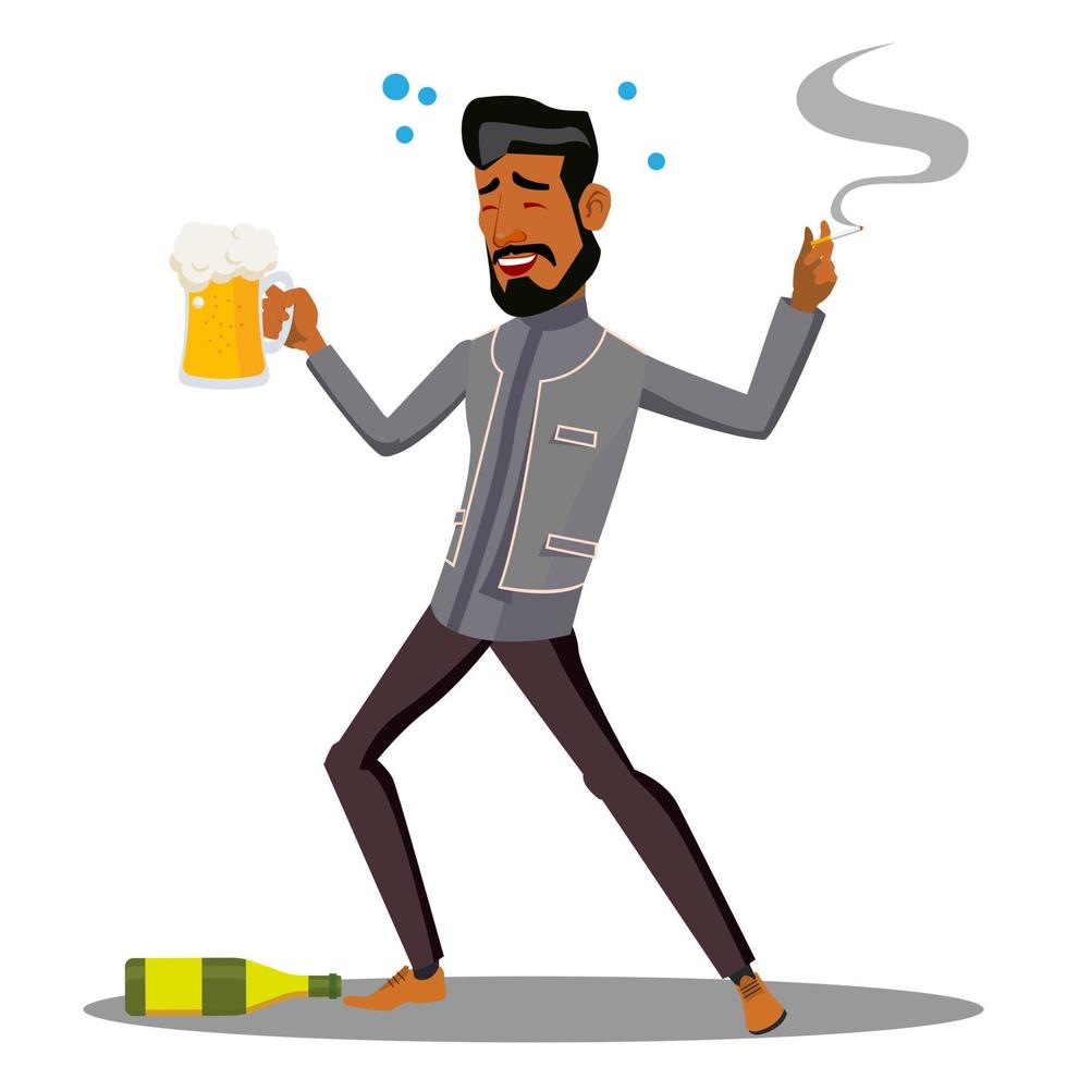hombre borracho adulto con vaso de cerveza y vector de cigarro. ilustración aislada