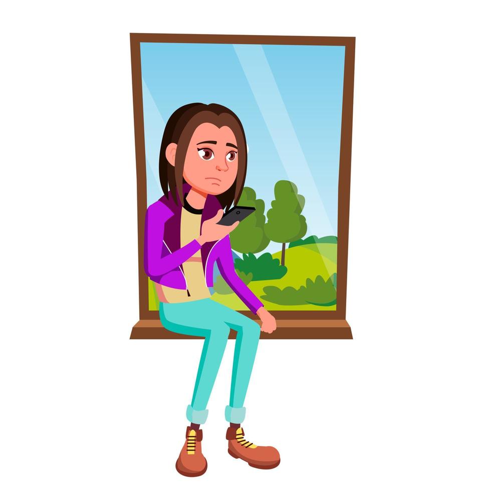 Sad Girl Sitting On The Window Vector. Isolated Illustration vector