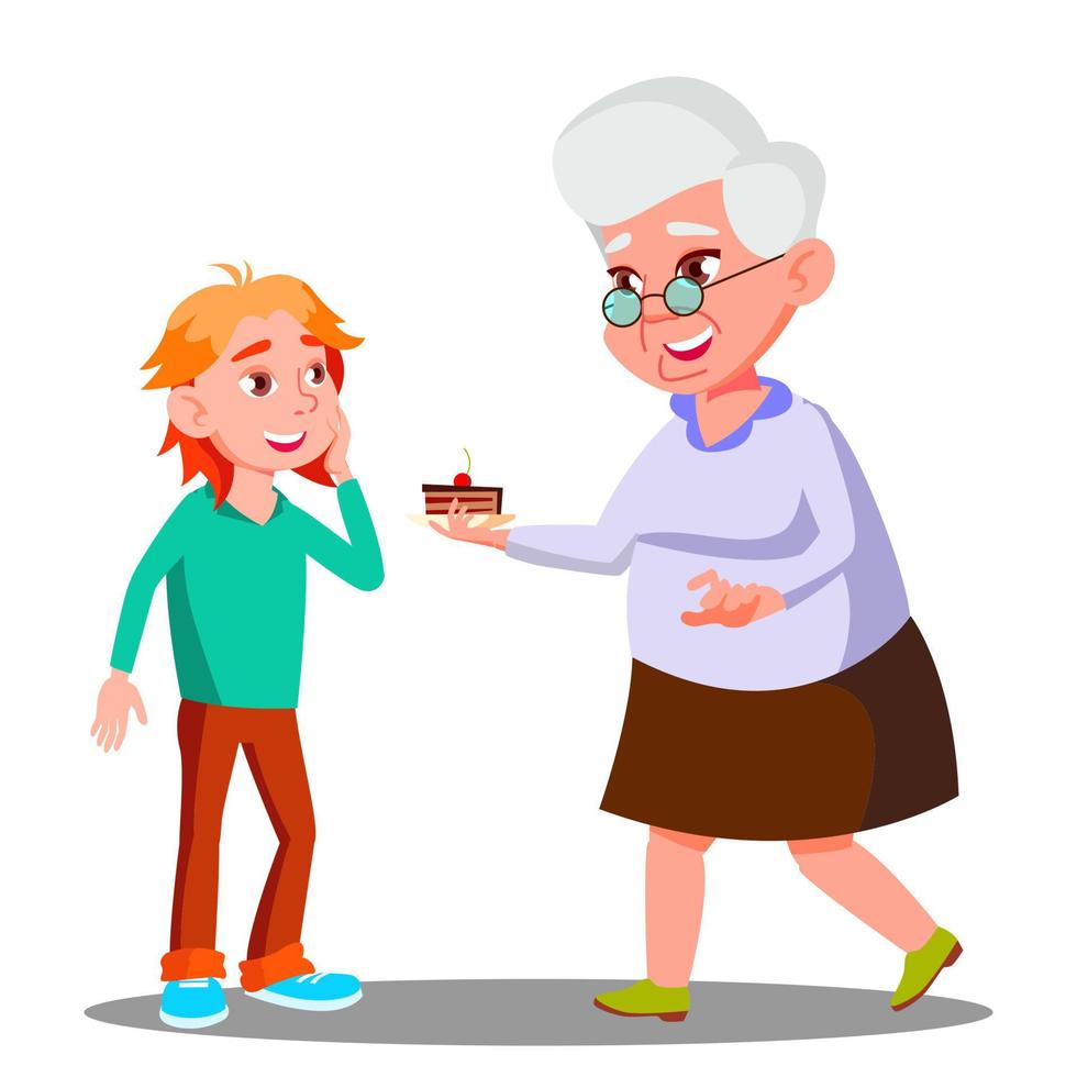Old Woman Treating Little Child With Cookies Vector. Isolated Illustration vector