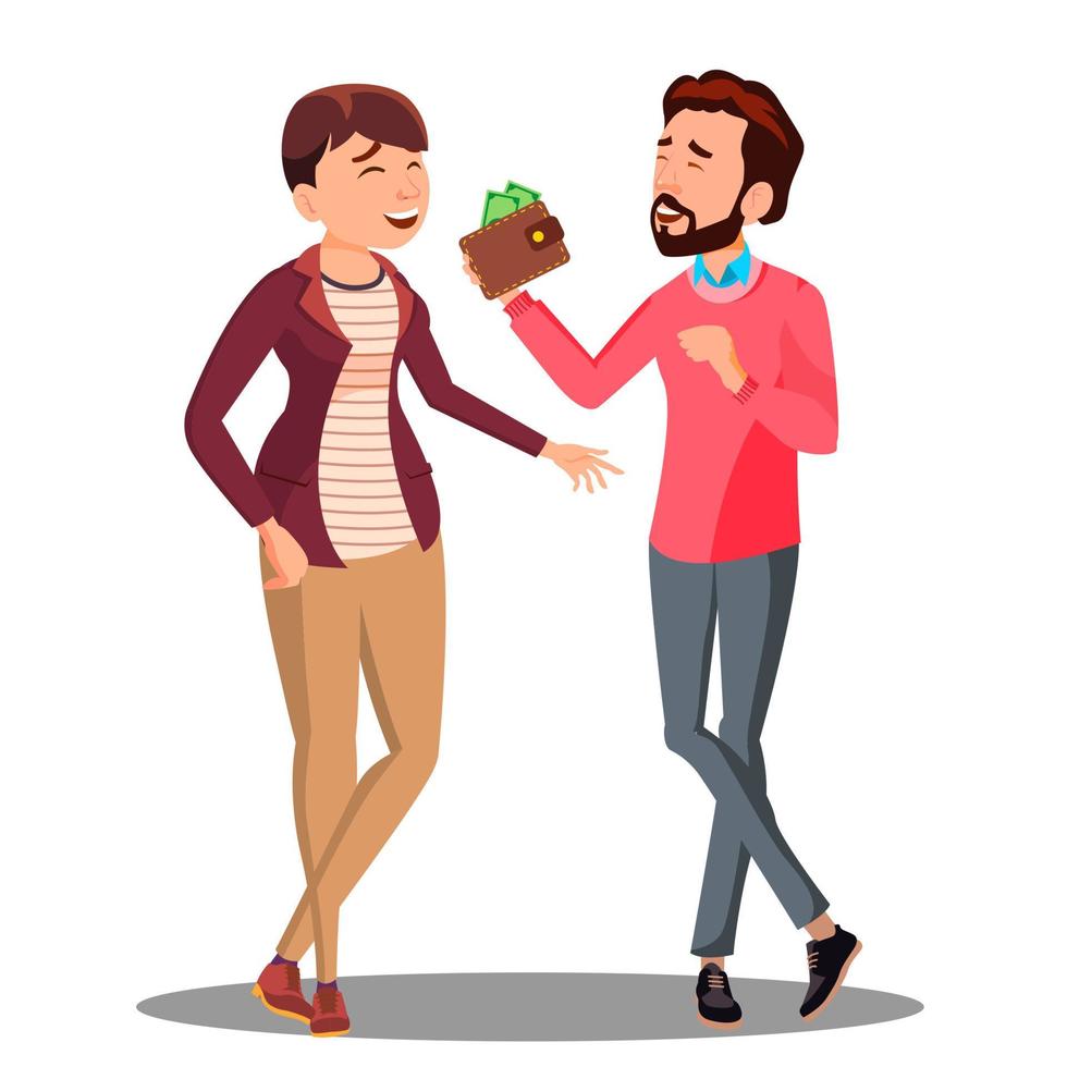 Man And Woman Talking About Family Budget With Money Vector. Isolated Illustration vector