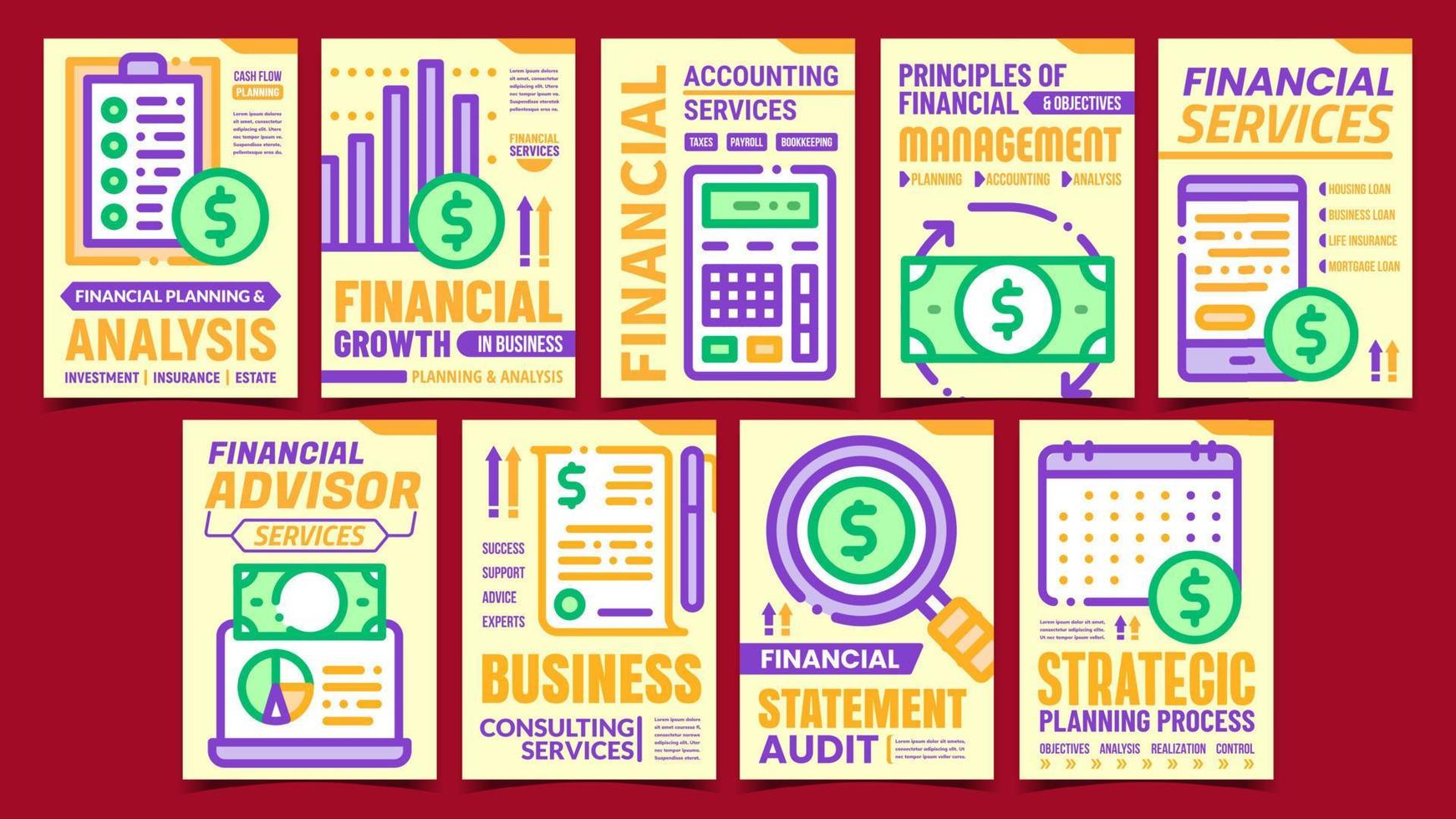 Financial Accounting Promo Posters Set Vector