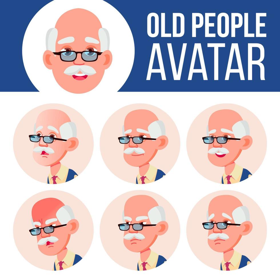 vector de conjunto de avatar de anciano. enfrentar las emociones. retrato de persona mayor. personas de edad avanzada. Envejecido. emociones, emocional. casual. ilustración de cabeza de dibujos animados