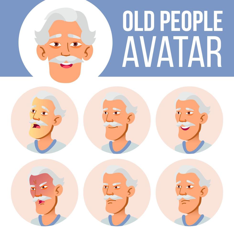 vector de conjunto de avatar de anciano asiático. enfrentar las emociones. retrato de persona mayor. personas de edad avanzada. Envejecido. facial, gente. activo, alegría. ilustración de cabeza de dibujos animados