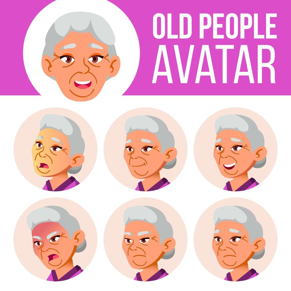 vector de conjunto de avatar de anciana asiática. enfrentar las emociones. retrato de persona mayor. personas de edad avanzada. Envejecido. emociones, emocional. casual. ilustración de cabeza de dibujos animados