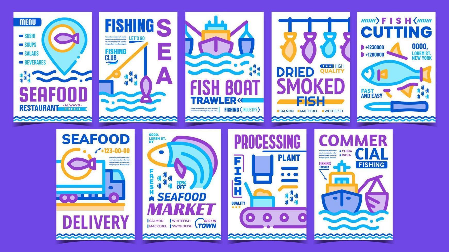 Fishing Industry Advertising Posters Set Vector