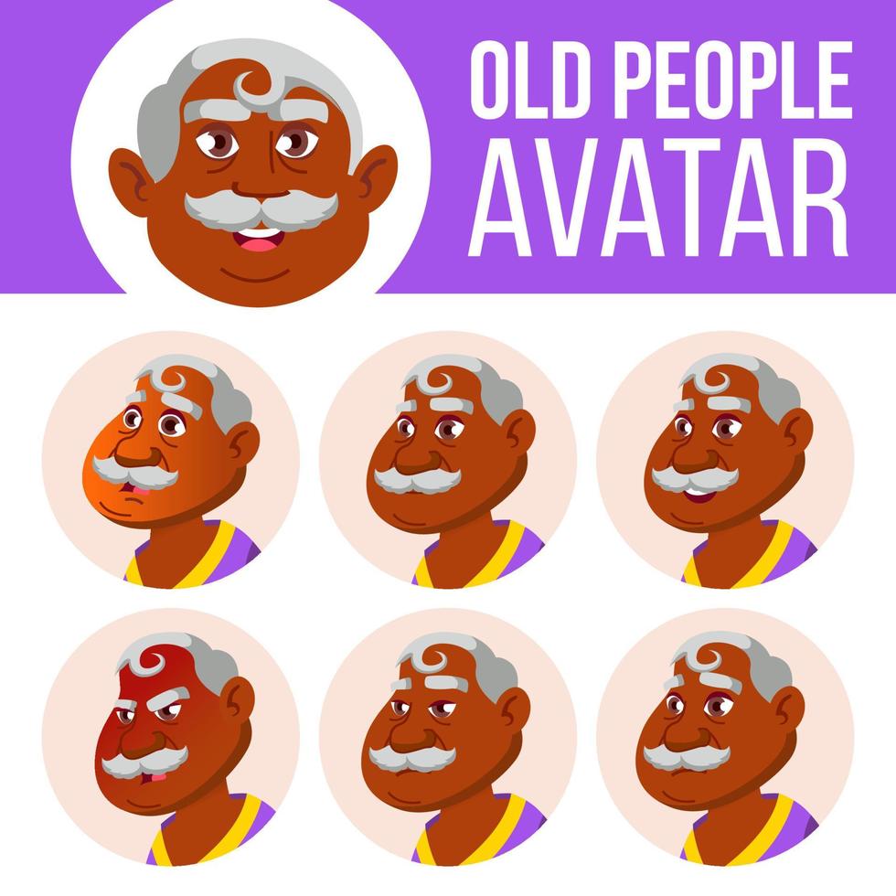 Indian Old Man Avatar Set Vector. Face Emotions. Hindu. Asian. Senior Person Portrait. Elderly People. Aged. Emotions, Emotional. Cartoon Head Illustration vector