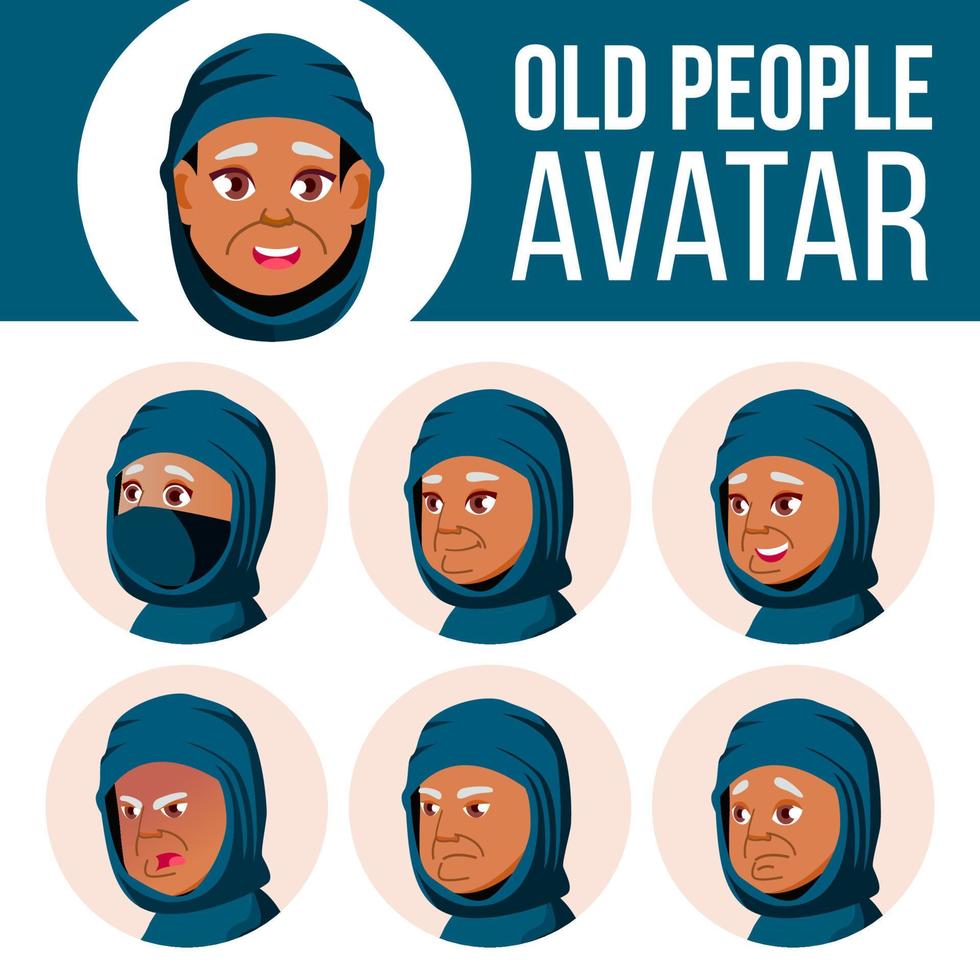 Arab, Muslim Old Woman Avatar Set Vector. Face Emotions. Senior Person Portrait. Elderly People. Aged. Facial, People. Positive. Cartoon Head Illustration vector