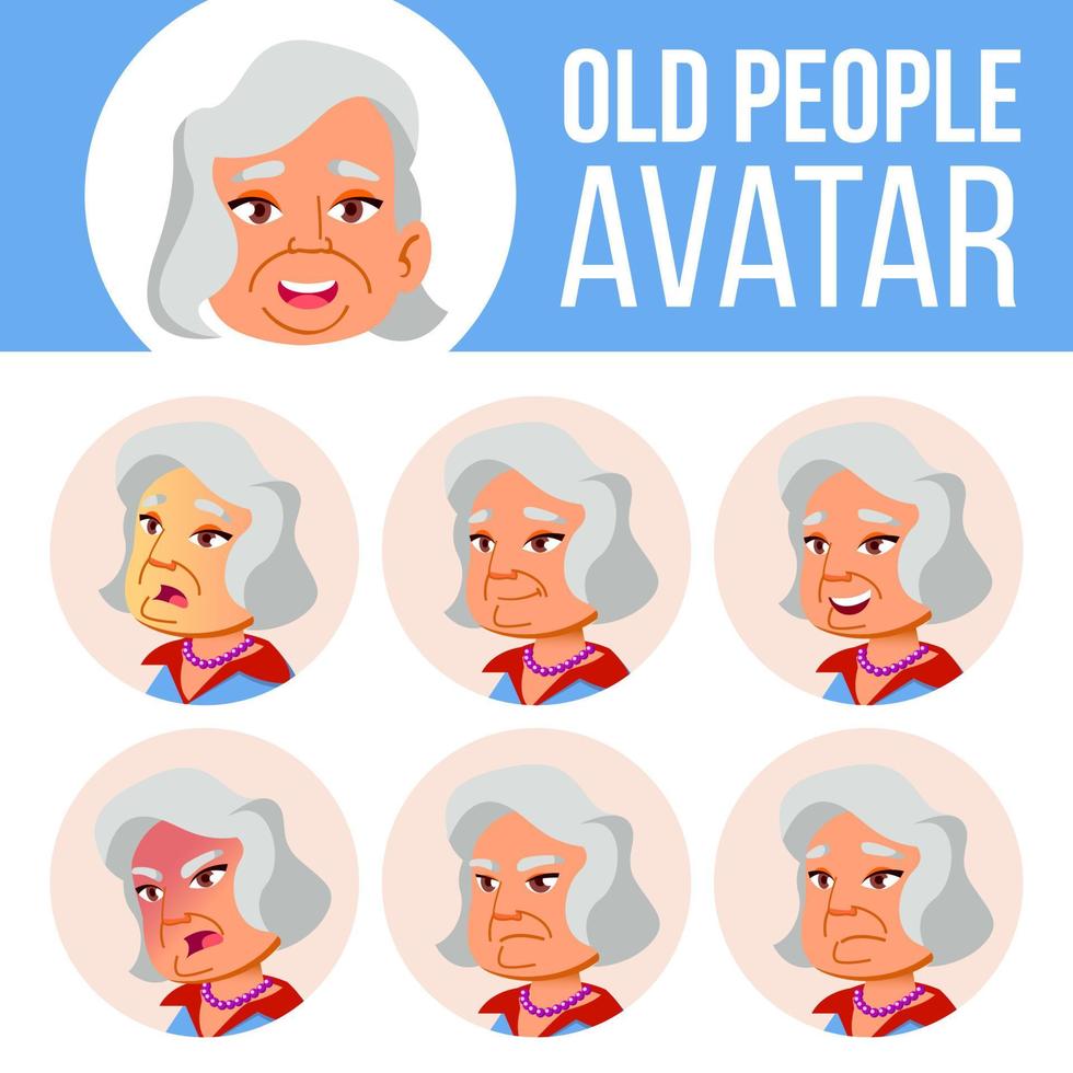 Asian Old Woman Avatar Set Vector. Face Emotions. Senior Person Portrait. Elderly People. Aged. User, Character. Fun, Cheerful. Cartoon Head Illustration vector