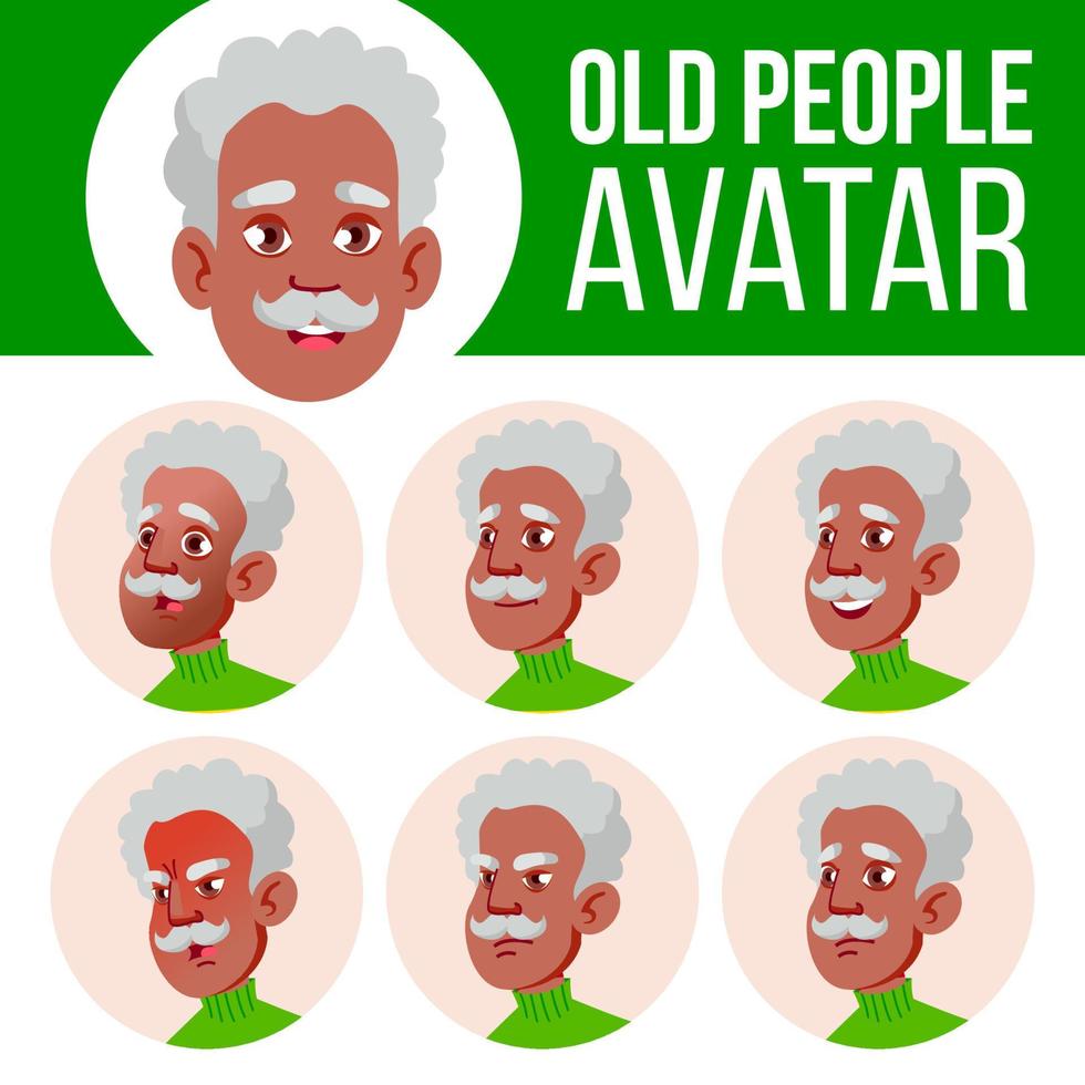 Old Man Avatar Set Vector. Black. Afro American. Face Emotions. Senior Person Portrait. Elderly People. Aged. User, Character. Cheer, Pretty. Cartoon Head Illustration vector