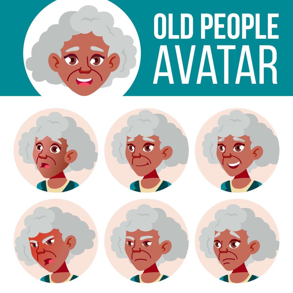 Old Woman Avatar Set Vector. Black. Afro American. Face Emotions. Senior Person Portrait. Elderly People. Aged. Friendly. Positive Person. Cartoon Head Illustration vector